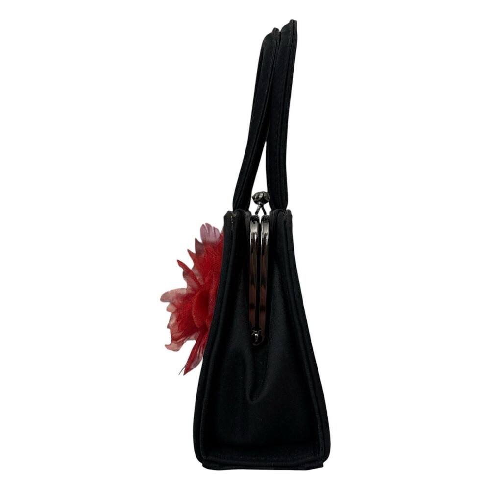Julie Feldman Black Satin Evening Bag Red Floral Kiss Lock Chain Strap - Picture 3 of 9